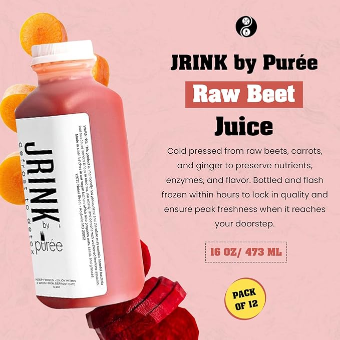 JRINK by Purée Raw Beet Juice Cold Pressed OrganicFruit and Vegetable Drink Stamina and Energy Boost Cleanse Gluten Free Healthy Cleanse with Ginger Blend 16 fl oz Bottles Pack of 12