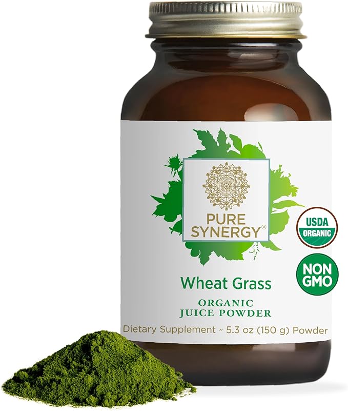 PURE SYNERGY Organic Wheat Grass Juice Powder | Chlorophyll-Rich Green Juice Powder | Raw Organic USA Wheat Grass | for Energy Alkaline Balance and Digestion Support (5.3 oz.)