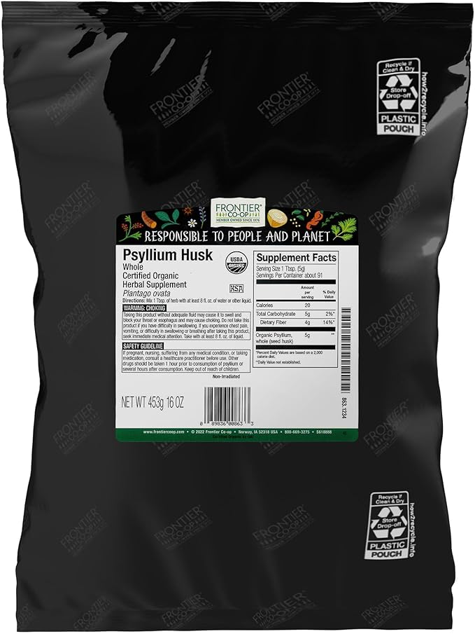 Frontier Co-op Organic Whole Psyllium Husk Fiber for Baking Psyllium Nutritional Supplement for Digestion Kosher | 16 Ounce (Pack of 1)