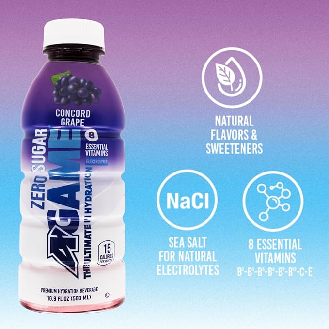 A-GAME Zero Sugar Sports Drink Concord Grape Zero Sugar FreNatural Flavors Gluten Free &amp Keto Friendly 16.9 Fl Oz (Pack of 12)