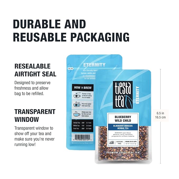 Tiesta Tea - Blueberry Wild Child Loose Leaf Blueberry Hibiscus Herbal Tea Premium Non-Caffeinated Blend Make Hot or Iced &amp Brews Up to 25 Cups 1.8oz Resealable Pouch Pack of 6