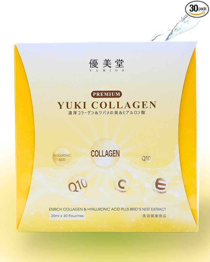 Yuki Premium Collagen Drink 8400mg Collagen with Hyaluronic Acid Bird's Nest Extract Fucoidan Extract CoQ10 and Vitamins 30 Pouches (25ml Each) Made in Japan