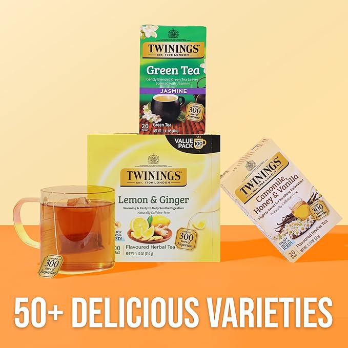 Twinings Pomegranate &amp Raspberry Herbal Tea Individually Wrapped Bags 20 Count (Pack of 6) Naturally Caffeine-Free Enjoy Hot or Iced 120 Teabags