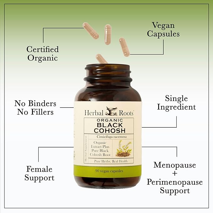 Herbal Roots Organic Black Cohosh Root | Extra Strength | Menopause and Menstrual Support for Women | 90 Capsules Vegan