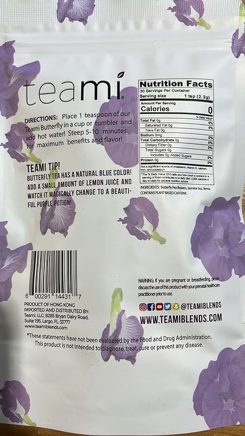 Teami Pure Butterfly Pea Flower Tea - Blue &amp Purple Dried Butterfly Pea Flower Supports Health and Beauty - Caffeine-Free Hand Selected Jasmine Infused Premium Tea - 30 servings per bag