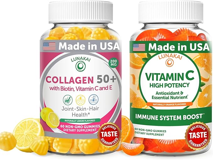 Lunakai USA Made Collagen &amp Vitamin C Gummies Bundle for Adults 50+ Supports Skin Hair Joint Health &amp Immune Function Non-GMO Vegan Delicious Lemon &amp Orange Flavors 60ct Each