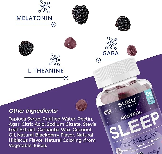 SUKU Restful Sleep Gummies – 3 mg Melatonin L-Theanine &amp GABA – Vegan Sugar-Free Chewable for Relaxation &amp Natural Sleep Support – BlackBerry-Hibiscus Flavor – Non-GMO Gluten-Free – 50 Coun