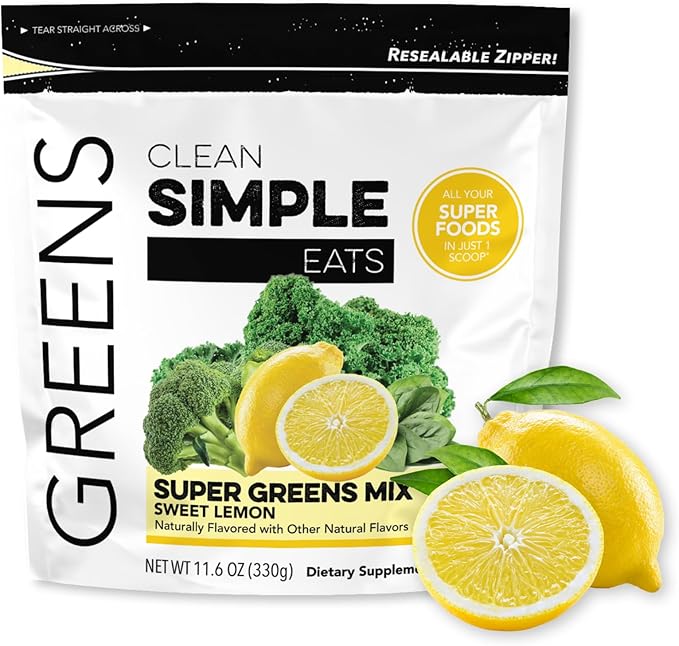 Clean Simple Eats Super Greens Powder Naturally Flavored Greens Powder with Chlorella Spirulina Superfoods &amp Prebiotic Fiber No Artificial Ingredients Gluten Free Sweet Lemon Flavor 30 Serv