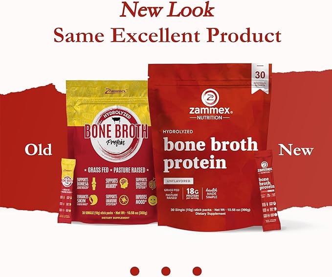 Zammex Bone Broth Packets-18g Collagen Protein-Beef Bone Broth Powder to Go-30 Travel Stick Packets-Supports Skin Nails Joints Gut Health | Gluten-Free |Keto &amp Paleo Friendly (15 Servings)