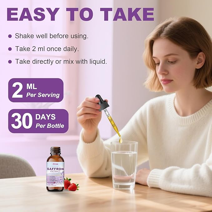 Liposomal Saffron for Kids &amp Adult Organic Saffron Extract Liquid Drops with Holy Basil Rosemary L-Theanine for Stress Focus Energy Support Eye Health Vegan Strawberry Flavor 2 FL OZ