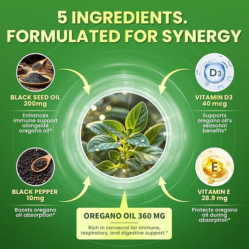 5-IN-1 Oil of Oregano with Black Seed Oil 99% Carvacrol | Thymoquinone 320 Count Organic Oregano Oil Capsules  Vitamin D3/E/Black Pepper for Absorption Supports Immune/Gut/Respiratory Non-GMO
