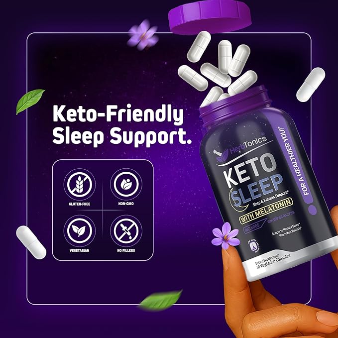 Herbtonics Keto Sleep Support | Night-Time Burner &amp Sleep Aid | with Melatonin 5mg BHB Salts &amp L-Theanine | Restful Sleep &amp Weight Management Formula for Women &amp Men | 60 Vegan Capsul