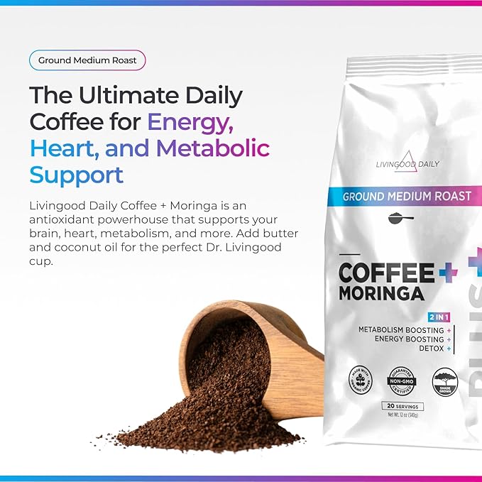 Livingood Daily Coffee with Moringa Ground Medium Roast Coffee with Plant Based Ingredients for Morning Energy Made with Moringa Powder Organic Non GMO Vegan Gluten Free 20 Servings 12 oz Bag