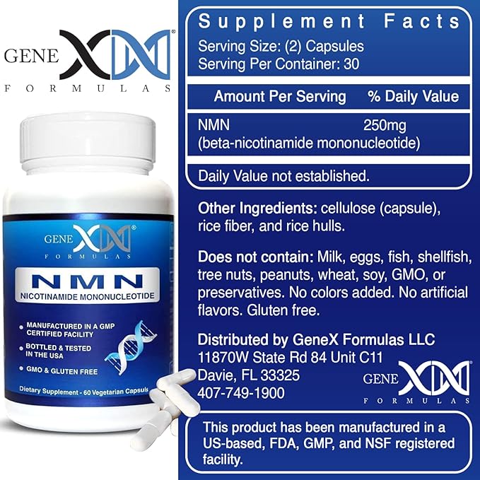 Genex Formulas NMN 250mg Supplements (4 Pack) - 99% Pure Shelf Stabilized Supplement Capsules for Increased NAD Levels &amp Healthy Aging GMP Certified 4 Month Supply