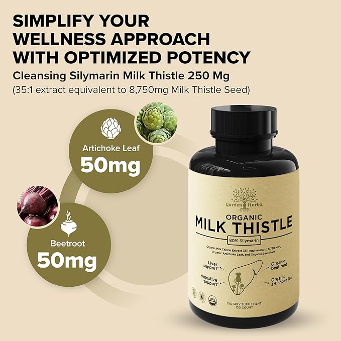 USDA Organic Milk Thistle Supplement 80% Silymarin – 250 mg with Beet Root &amp Artichoke Leaf Extract – Herbal Formula for Liver and Digestive Support 120 Capsules