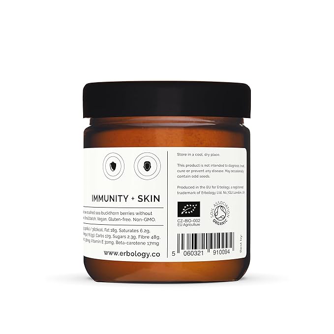 Erbology Organic Sea Buckthorn Powder 1.8 oz - 50 Servings - Skin Health and Immunity Support - Rich in Omega-7 (6.5%) Vitamin C and Vitamin A - Seeds Removed More Concentrated - Vegan - GMO-Free