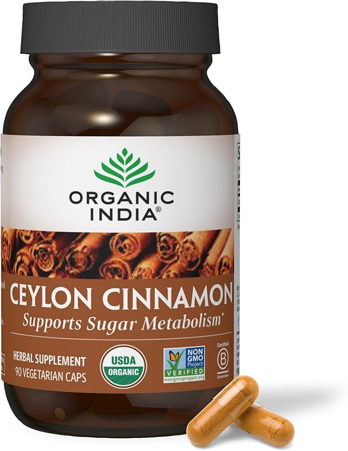 ORGANIC INDIA Ceylon Cinnamon Herbal Supplement - Vegan Gluten-Free Kosher USDA Certified Organic Non-GMO - 90 Capsules