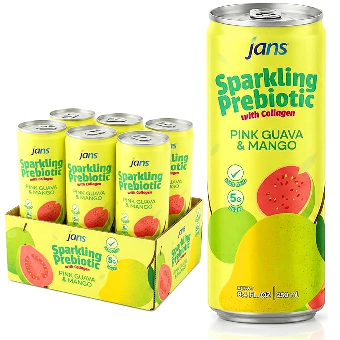 Jans Sparkling Prebiotic Drink Soda Beverage 8.4 Fl Oz (24-Pack Variety Flavors) – Low Calorie NO Added Sugar Non-GMO Sparkling Fruit Beverage Gut Health Support