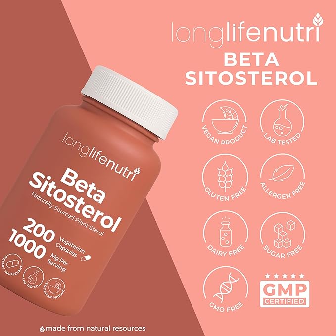 LongLifeNutri Beta Sitosterol 1000mg - Phytosterols Supplement 200 Vegetarian Capsules Plant Sterols for Daily Wellness &amp Dietary Balance 100-Day Supply GMP Certified Made in USA