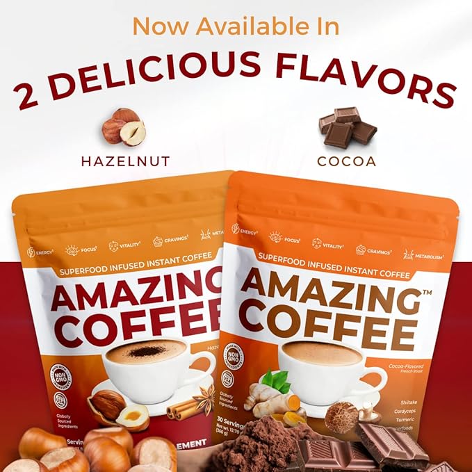 Superfoods Company | Amazing Coffee - Instant Coffee| Mushrooms Superfoods - Hazelnut French Roast - Gluten Free Non-GMO Sugar Free Vegan Keto Friendly [60 Servings]