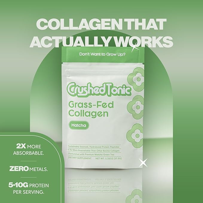 Crushed Tonic Bovine Collagen Powder Korean Beauty Drink with Hydrolyzed Collagen Peptides for Skin Hair &amp Nails | Gluten-Free Halal &amp Kosher (Matcha 5 Servings (50 g) Mini Pouch)
