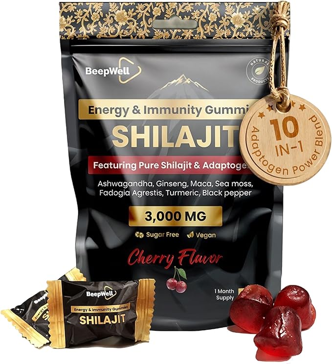 60 Count Gold Shilajit Gummies for Men and Women – 3000mg 10-in-1 Himalayan Blend with Fulvic Acid 85+ Trace Minerals &amp Ashwagandha – Naturally Sweetened Cherry Flavor Pure Shilajit Gummies
