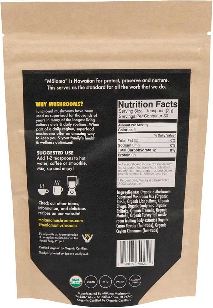 Malama 8-Mushroom Hot Cacao Mix Organic Chocolate Blend Mushroom Powder for Focus &amp Inmune Support – with Lion's Mane Reishi Chaga Turkey Tail – Vegan Supplement 3.5 oz (50 Servings)