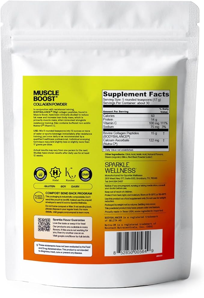 Sparkle Wellness Muscle Boost (Mixed Berry) [30-Serves] | Collagen Supplement Powder with Hydrolyzed BODYBALANCE Collagen Peptides &amp Buffered Vitamin C | Improves Body Composition