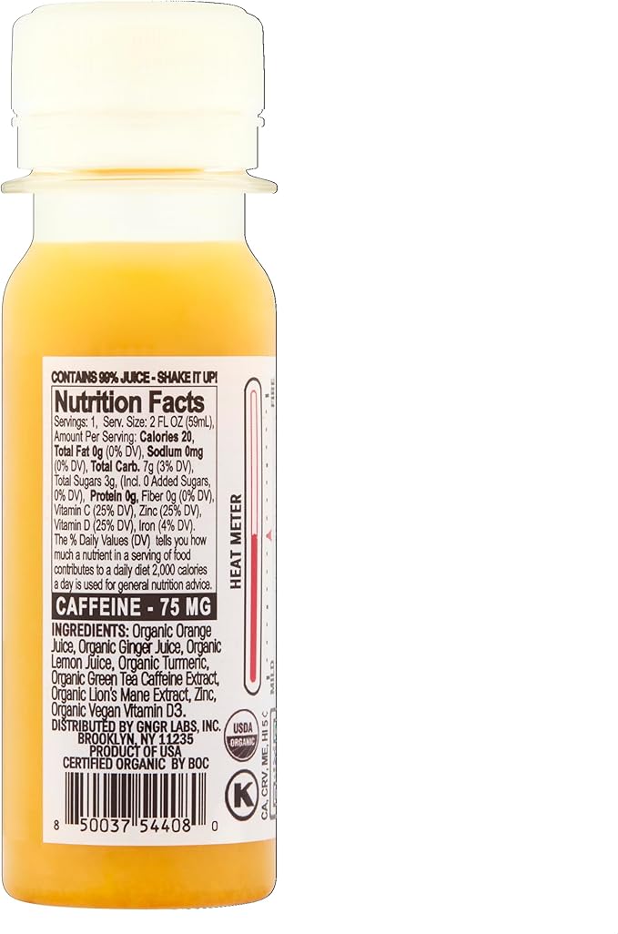 +GNGR Energy Booster – Organic Cold-Pressed Ginger Shot with Turmeric Green Tea Orange &amp Lemon Juice. Natural Energy Shot for Immune and Digestive Support Nothing Artificial 2 fl oz (Pack of 1