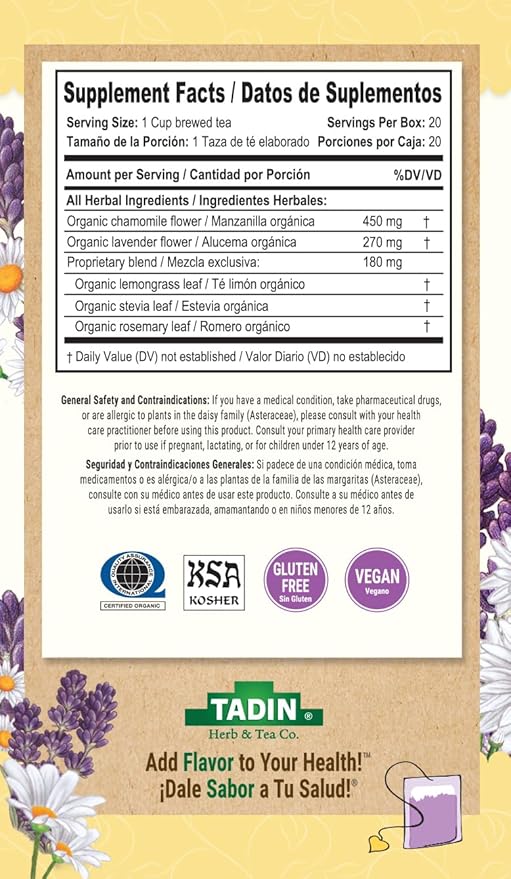 Tadin Organic Chamomile Lavender Tea Caffeine Free Herbal Tea to Promote Serenity 20 Tea Bags Per Box Pack of 6