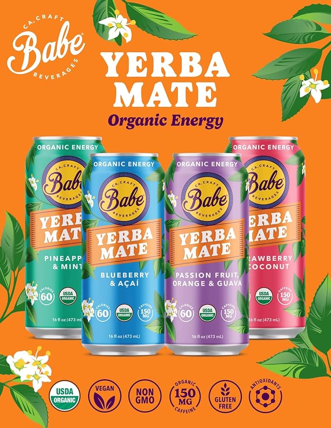 Babe Organic Yerba Mate Energy Drinks | Less Sugar with 150mg Plant-Based Caffeine | Natural Yerba Mate Tea with No Crash No Jitters - Passion Fruit Orange Guava (12 x 16oz Cans)