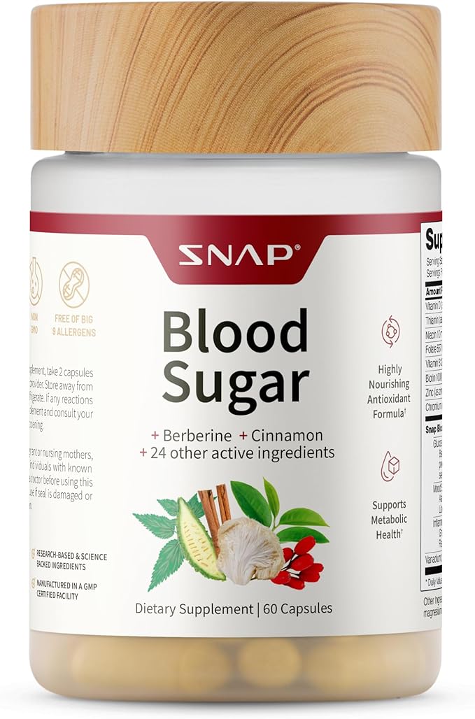 Snap Supplements Blood Sugar Blend with Berberine CoQ10 Cinnamon and Gymnema to Support Already Healthy Blood Sugar Metabolic Health and Energy Sugar Free 60 Capsules (Packaging May Vary)