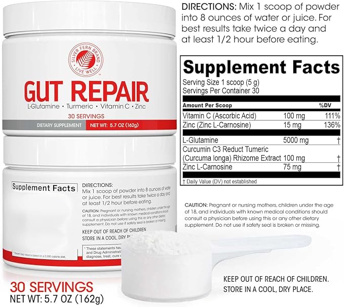 Silver Fern Gut Repair - Digestive Health Supplement Powder - L-Glutamine Curcumin Zinc &amp Ascorbic Acid (2 Tubs - 60 Servings)