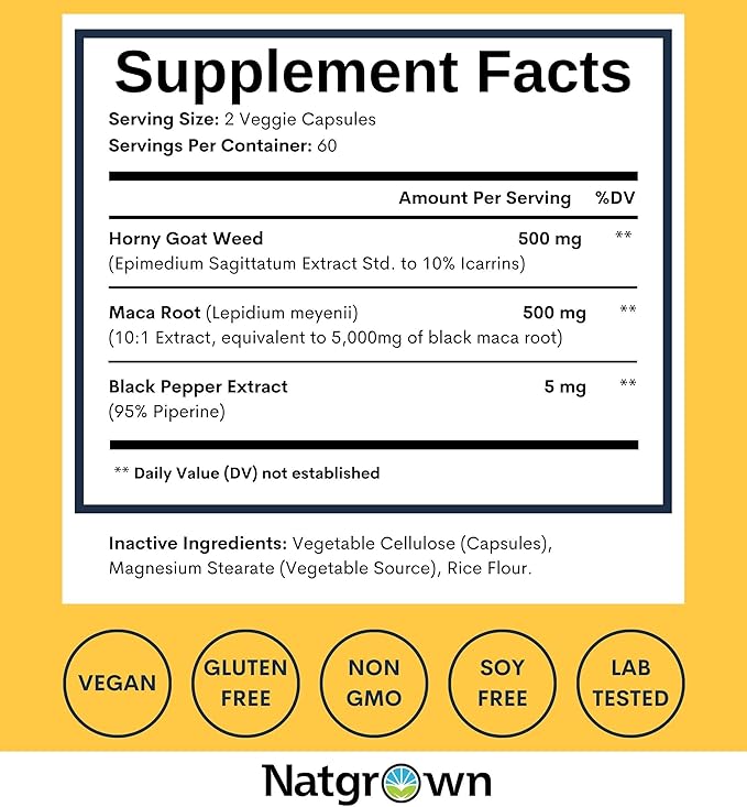 Natgrown Horny Goat Weed and Maca Root Extract Supplement for Men &amp Women (Epimedium Extract Hornygoatweed) Vegan Capsules -120 Ct
