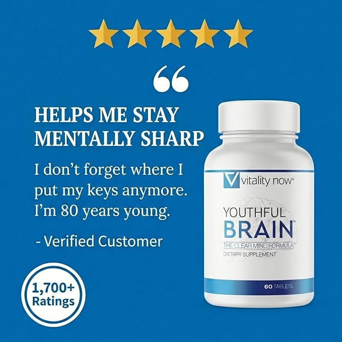 Youthful Brain | Memory &amp Brain Health Support Supplement with Bacopa Monnieri Ginkgo Biloba B12 - Easy to Swallow Tablets - 30-Day Supply (60 Count)