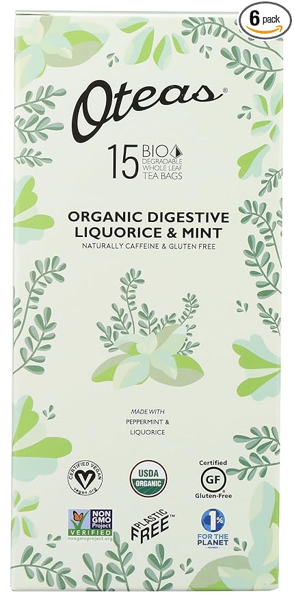 Oteas Organic Digestive Liquorice &amp Mint Peppermint &amp Liquorice Naturally Caffeine Free Vegan Friendly USDA Certified Organic Gluten Free &amp Non-GMO 15 Tea Bags (Pack of 6)