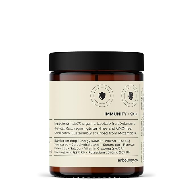 Erbology Organic Baobab Powder 3.2 oz - 45 Servings - Skin Health and Immunity Support - Rich in Vitamin C B Vitamins and Polyphenols - Sustainably Sourced Straight from Farm - Vegan - GMO-Free