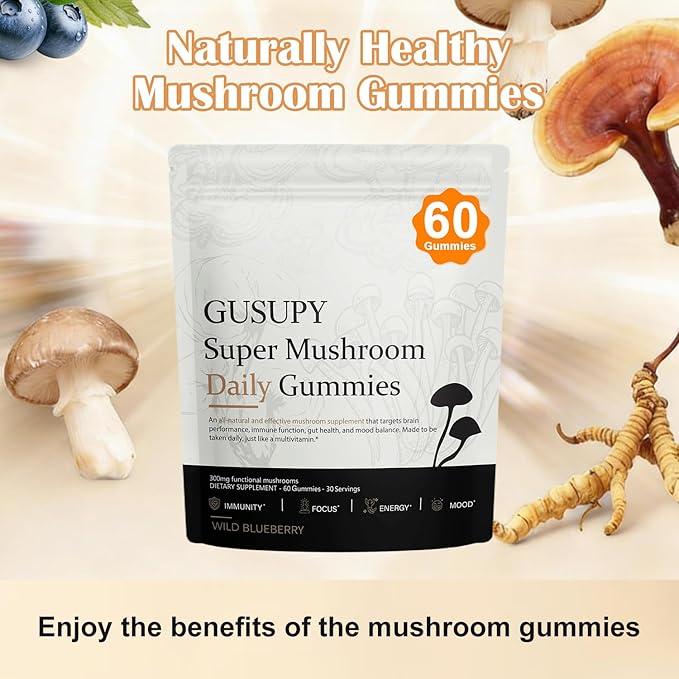 Lions Mane Mushroom Supplement Gummies - All-in-One Daily Mushroom Supplement Gummy 12 Mushroom Blend Cordyceps Chaga Reishi Herbal Brain Supplement for Cognitive Memory &amp Focus60 Gummies