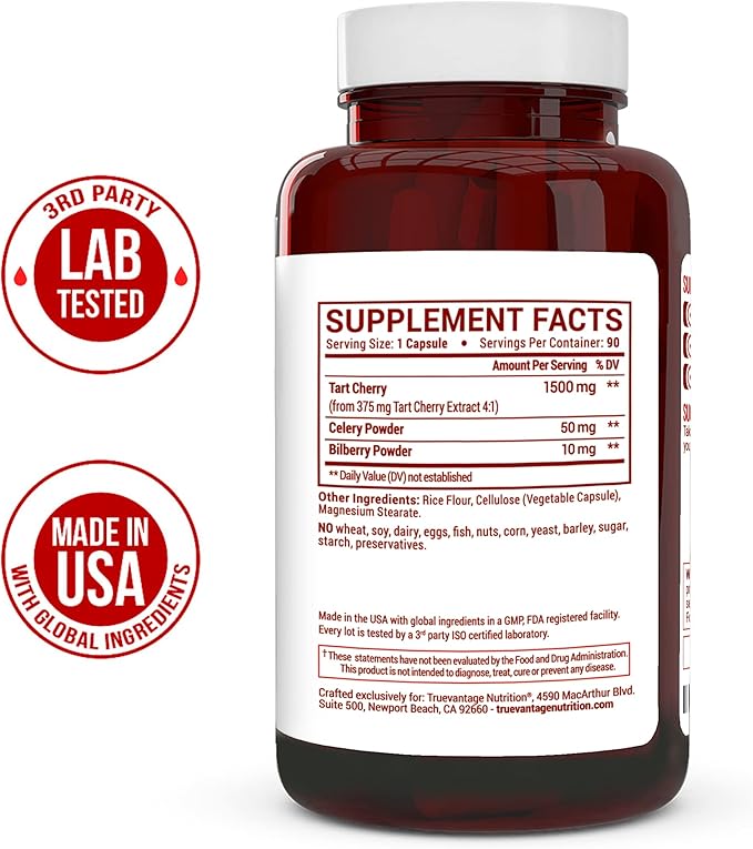 Tart Cherry Extract Capsules with Celery Seed Extract and Bilberry for Joint Support Muscle Recovery and Uric Acid Flush Support Made in The USA - 90 Tart Cherry Capsules