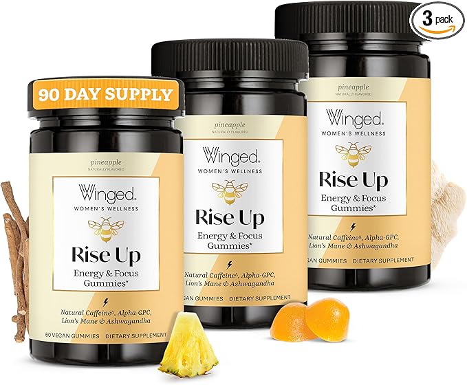 Winged Wellness Rise Up Energy &amp Focus Gummies for Women - Daily Brain Boost Gummy Supplement with Natural Caffeine Ashwagandha B12 Nootropics Alpha-GPC &amp Lion’s Mane - Pineapple 180 Gumm