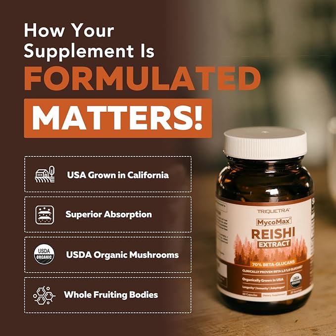 Organic Reishi Mushroom Capsules Extract - 70% Beta Glucans - Highest Active Nutrient Levels Max Potency US Grown + Ultrasonic Extraction - Energy Immunity Sleep and Stress - 60 Capsules