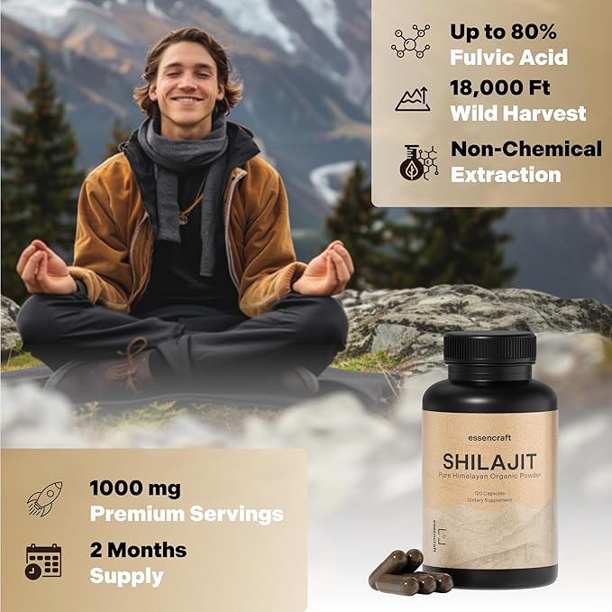 Organic Himalayan Shilajit Resin Extract - 1000mg Max Potency Lab Tested Pure Shilajit for Men &amp Women 85+ Trace Minerals Fulvic Acid Immune Support Energy Cognition 2 Month Supply 120 Caps