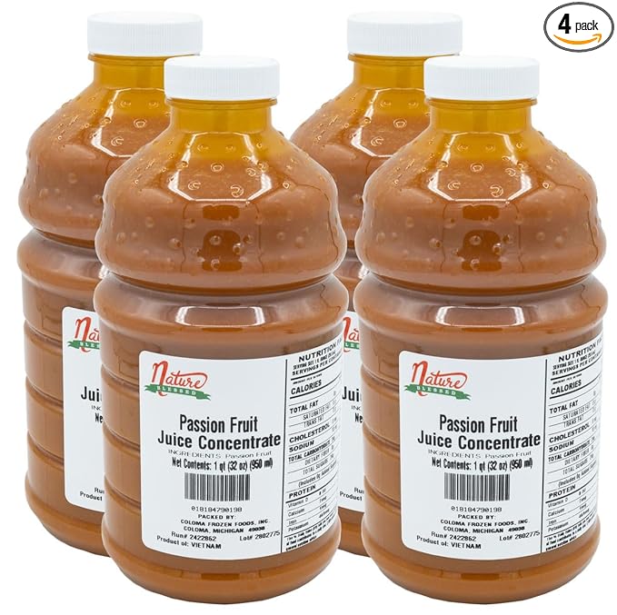 Nature Blessed 100% Pure Passion Fruit Juice Concentrate - 4 Quarts (4/32 fl oz bottles) Especially good for Home Vintners Home Brewers Smoothies a Refreshing Drink or Making Jelly