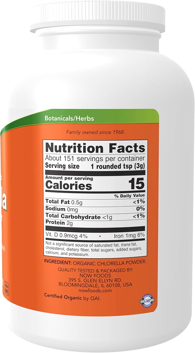 NOW Foods Supplements Organic Chlorella Powder with naturally occurring Chlorophyll Beta-Carotene mixed Carotenoids Vitamin C Iron and Protein 1-Pound