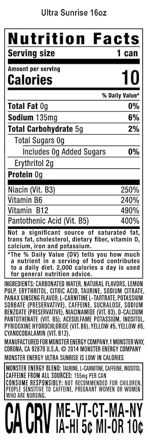 Monster Energy Ultra Sunrise Sugar Free Energy Drink 16 Ounce (Pack of 12)