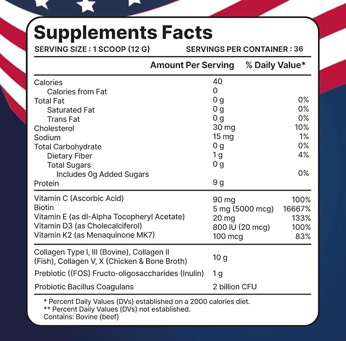 Multi Collagen Peptides w/Prebiotic + Probiotics + Type I II III V X + Hydrolyzed Collagen Powder w/Vitamin C+D3+B7+K2+E Hyaluronic Acid Supports Skin Hair Nail Joint Grass-Fed Non-GMO (2)
