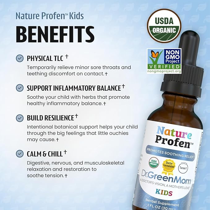Dr. Green Mom Nature Profen Natural Relief for Infants &amp Kids | USDA Organic Herbal Drops for Teething Growth Spurts and Occasional Discomfort | Natural Child &amp Baby Comfort Aid