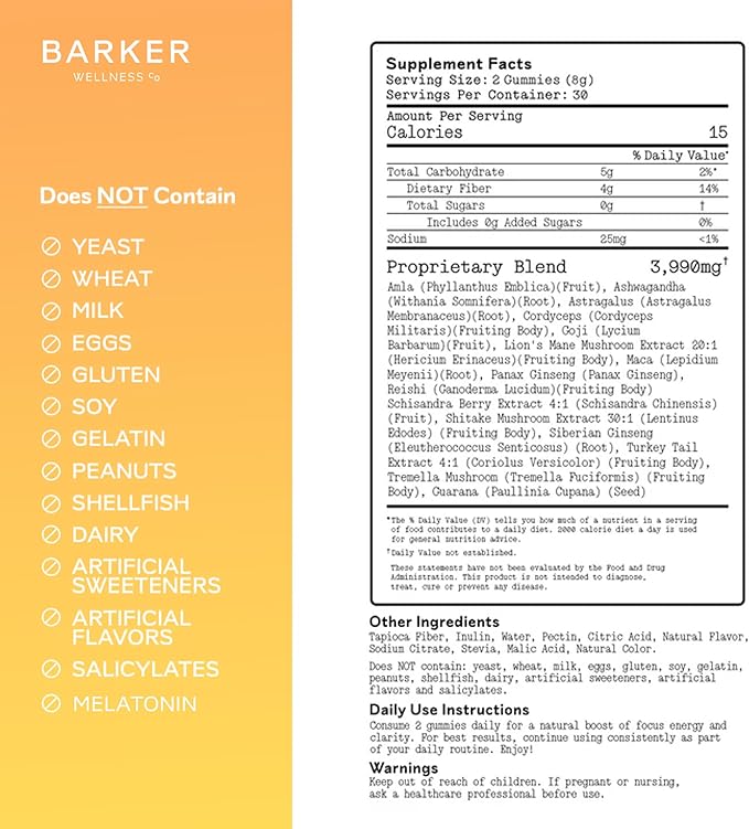 Barker Wellness Daytime Sugar-Free Adaptogen Mushroom Gummies - Lion's Mane Cordyceps Reishi &amp Shiitake | Vegan Immune System Support Natural Energy Enhanced Focus &amp Mood for Adults | 60