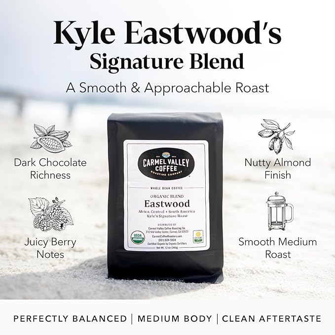 Carmel Valley Coffee Roasting Eastwood Organic Medium Roast Coffee – Whole Bean and Fresh Roasted - Dark Chocolate Ripe Berry and Toasted Almond Notes 12 Oz Bag