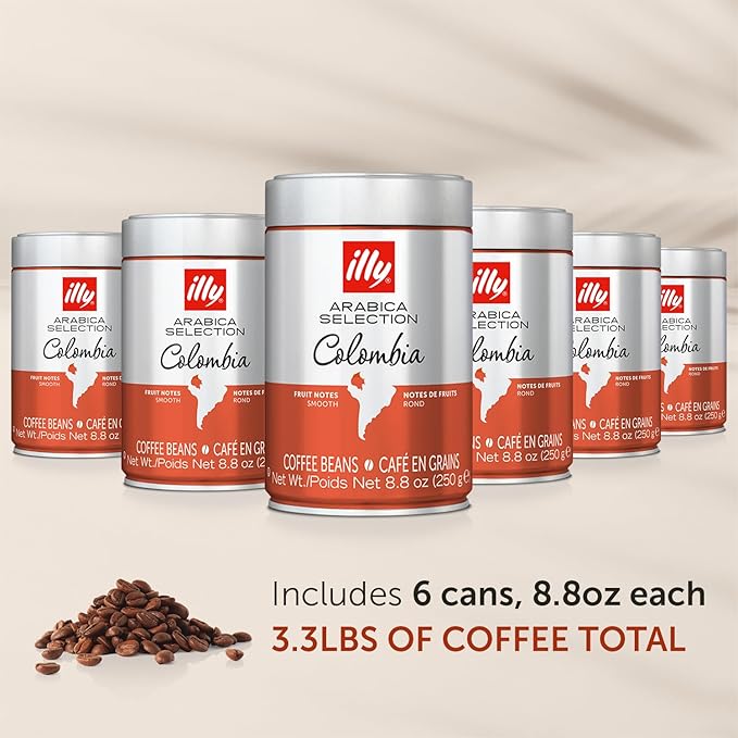 illy Whole Bean Coffee Colombia Single Origin Medium Roast 100% Arabica Premium Italian Coffee Ideal for Espresso Drip Moka and French Press Brewing 8.8oz 6 Pack